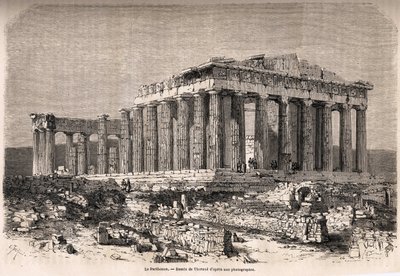 El Partenón, en Atenas, dibujo de Therond, para ilustrar la historia de M.A.Proust, un invierno en Atenas de Emile Theodore Therond