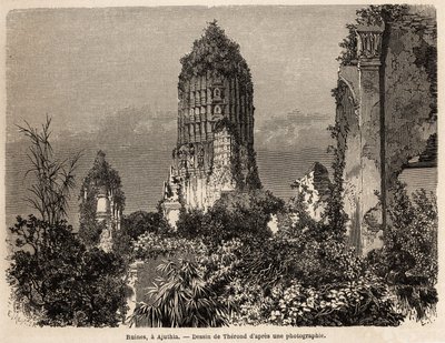 Las ruinas tomadas en la vegetación de la jungla, en Ajuthia (Tailandia), dibujo de Therond, para ilustrar el viaje por los reinos de Siam, Camboya y Laos, de 1858 a 1861, por Henri Mouhot. Grabado en “Le tour du monde”, editado por Edouard Charton de Emile Theodore Therond