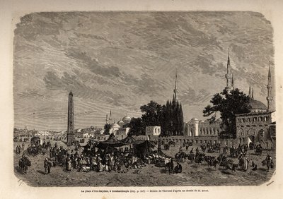 La plaza de Ett Meydan, Constantinopla (actual Estambul, Turquía), dibujo de Therond, para ilustrar el estudio sobre las mujeres turcas, de 1862, por F. Jerusalemy. Grabado en "Le tour du monde", editado por Edouard Charton de Emile Theodore Therond