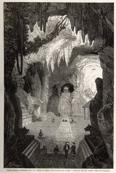 Templo budista subterráneo en rocas de mármol cerca de Tourane, dibujo de Therond, para ilustrar las notas de una correspondencia única con Cochinchina. Grabado en "Le tour du monde, nouveau journal des voyages" París de Emile Theodore Therond