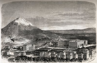 Vista de Atenas, Grecia, dibujo de Therond, para ilustrar la historia de M.A. Proust, un invierno en Atenas de Emile Theodore Therond