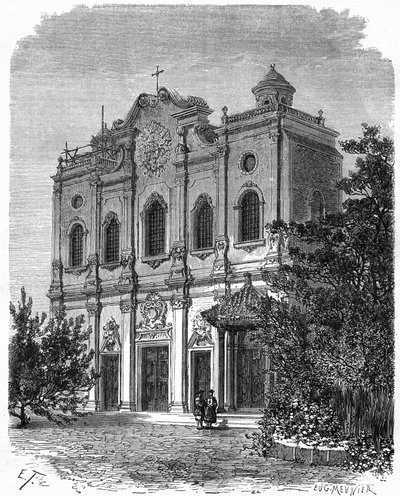 Vista de la fachada de la catedral de Nantang, construida en el sitio de la casa de Matteo Ricci (1552-1610), padre del catolicismo en China. Grabado después de un dibujo de Therond, en “Le Tour du Monde, Nouveau journal des Voyages”, editado por Edouard C de Emile Theodore Therond