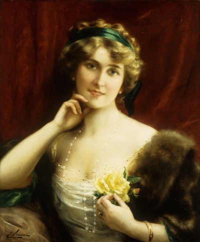 Una dama elegante con una rosa amarilla de Emile Vernon