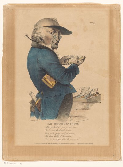Un hombre mira un libro frente a un puesto de libros
Le bouquiniste (título en el objeto) de Émile Wattier