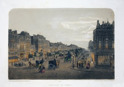 Boulevard du Temple, París. Acuarela litográfica, ilustración de E.de la Tramblaiz, en "Album, souvenirs de Paris", Daziaro editor, París de Emile de la Tramblais