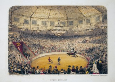 Circo Napoleón (actual circo de invierno, calle Amelot, París). Acuarela litográfica, ilustración de E.de la Tramblaiz, en "Album, souvenirs de Paris", Daziaro editor, París de Emile de la Tramblais