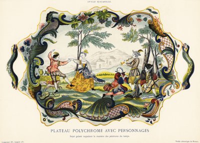 Plato con figuras en estilo rocalla, Rouen. ,1870 (cromolitografía) de Emilie Pottier