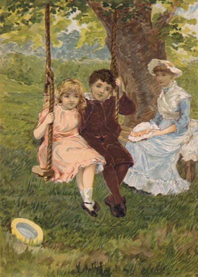 Niño y niña sentados en un columpio (cromolito) de Emily Jane Harding Andrews