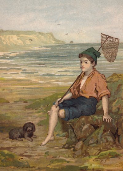Niño con una red de pesca a la orilla del mar (cromolito) de Emily Jane Harding Andrews
