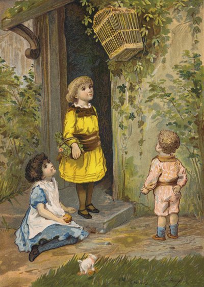 Niños admirando una cesta colgante (cromolito) de Emily Jane Harding Andrews