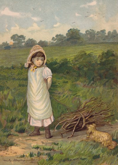 Niña recogiendo leña con su perro (cromolito) de Emily Jane Harding Andrews