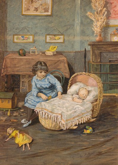 Niña cuidando a un bebé en una cuna (cromolito) de Emily Jane Harding Andrews