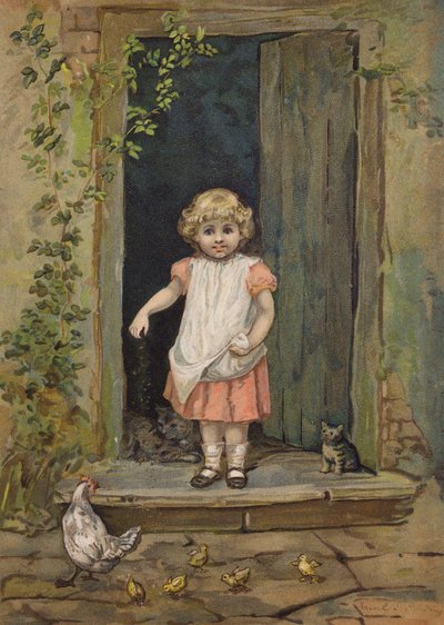 Niña dando de comer a las gallinas desde la puerta de su casa (cromolito) de Emily Jane Harding Andrews