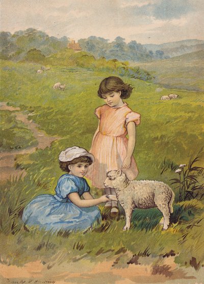 Dos niñas acariciando un cordero (cromolito) de Emily Jane Harding Andrews
