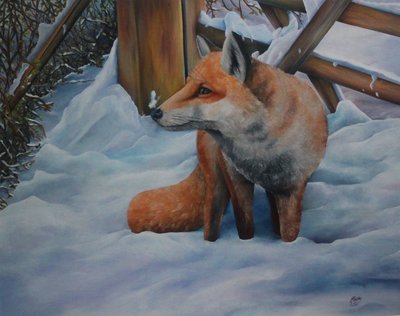Zorro en la nieve, 2021 (óleo sobre lienzo) de Emma Pewsey