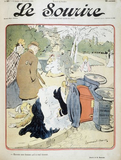 Accidente de coche: "Otra mujer que se equivoca." Ilustración de Emmanuel Barcet (1870-1940) - en "Le Smile" del 19/01/1901 de Emmanuel Barcet