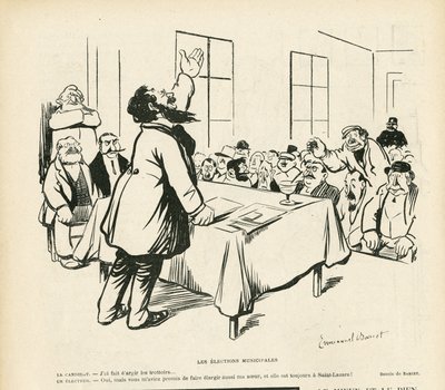 Ilustración de Emmanuel Barcet (1870-1940) en Le Rire, 09/05/08 - Elecciones municipales - Elecciones, Reunión política, reunión, reunión electoral, elecciones municipales de Emmanuel Barcet