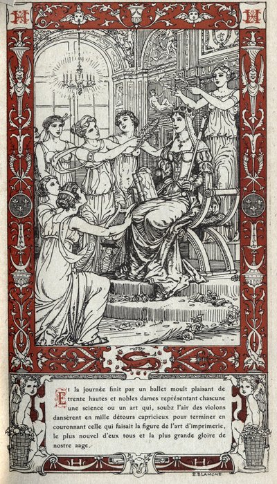 Ballet en el castillo de Fontainebleau durante el cual las damas de la corte del rey Enrique II (1519 - 1559) representan cada una una ciencia o arte. Grabado de 1914 de Emmanuel Blanche (1880-1946).DR Colección privada. de Emmanuel Blanche