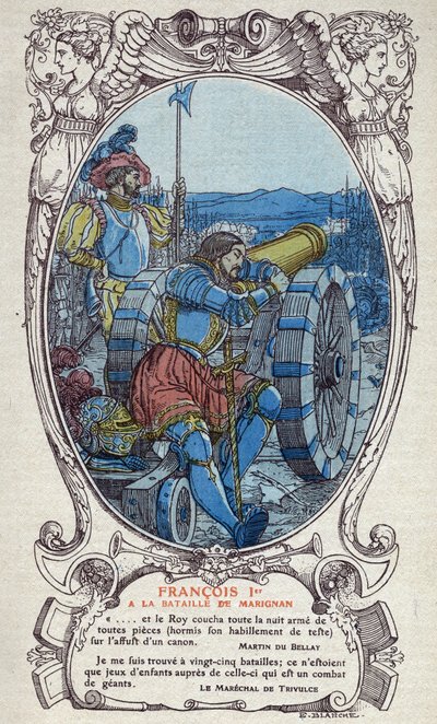 El rey de Francia Francois I (1494-1547) en la batalla de Marignan el 13 y 14 de septiembre de 1515. Grabado de 1914 de Emmanuel Blanche (1880-1946).DR Colección privada. de Emmanuel Blanche