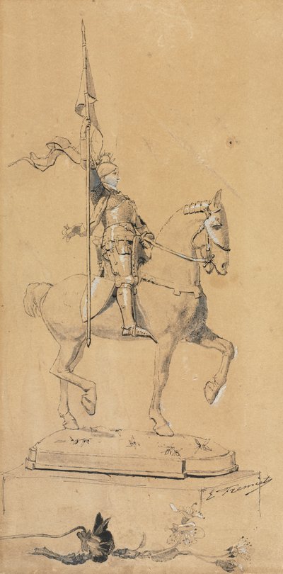 Juana de Arco a caballo, c. 1889-1899 (pluma y tinta negra, aguada de tinta y realce con blanco) de Emmanuel Fremiet