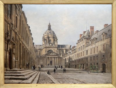Vista del patio de la antigua Sorbona en 1886, el antiguo conjunto de la Sorbona construido en el siglo XVII a petición de Richelieu fue destruido para ser reconstruido y ampliado entre 1885 y 1901. Se diseñaron edificios inspirados en el estilo Luis XIII de Emmanuel Lansyer