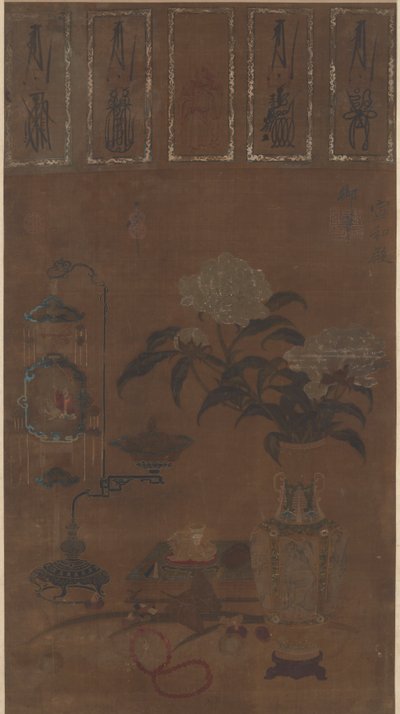 Naturaleza muerta: jarrón con peonías y bric-a-brac, dinastía Ming de Emperor Huizong