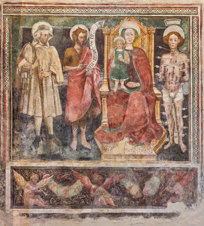 Virgen del Rosario y santos, muro derecho de la nave (fresco) de Enea Salmeggia