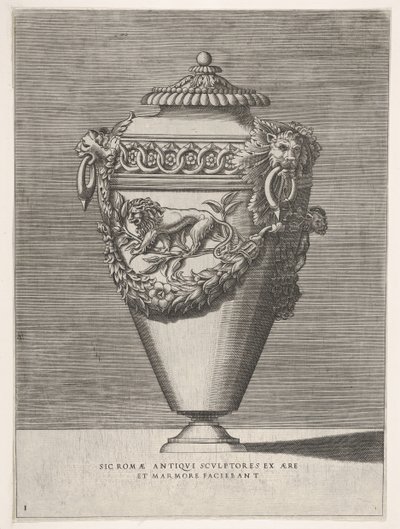 Urna antigua con tapa decorada con un motivo de anillos de diamantes y leones, de Vasijas de Enea Vico