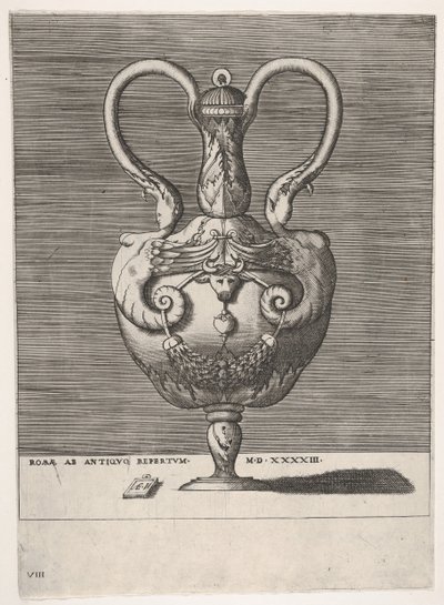 Jarrón antiguo con tapa y dos asas emergiendo de las cabezas de esfinges híbridas de Enea Vico