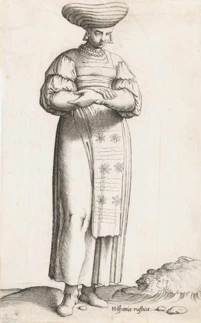 Placa de vestuario: Hispania Rústica mul. con etiqueta en el suelo, ca. 1557-58. de Enea Vico