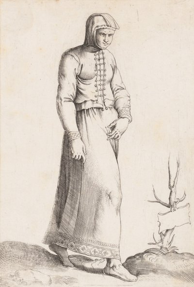 Placa de vestuario: Mujer con prenda con capucha, ca. 1557-58 de Enea Vico