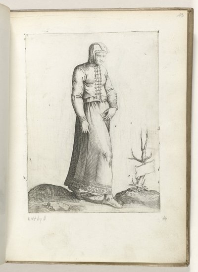 Een vrouw uit Spanje, gekleed volgens de mode van ca. 1550 La actitud de los comerciantes contemporáneos (título de la serie) de Enea Vico