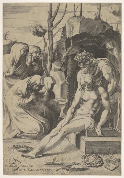 Entierro de Cristo, cuyo pecho es agarrado por José de Arimatea, con dos arrodillados y..., 1543 de Enea Vico