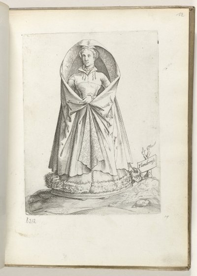 Flandes (título sobre objeto) Een vrouw uit Vlaanderen, gekleed volgens de mode van ca. 1550 La actitud de los comerciantes contemporáneos (título de la serie) de Enea Vico