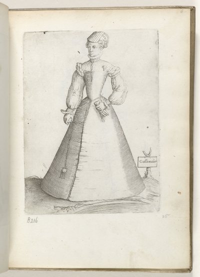 Galla Mulier (título sobre objeto) Una mujer casada de Francia, vestida a la moda de alrededor de 1550 Diversarum gentium nostrae aetatis habitus (título de la serie) de Enea Vico