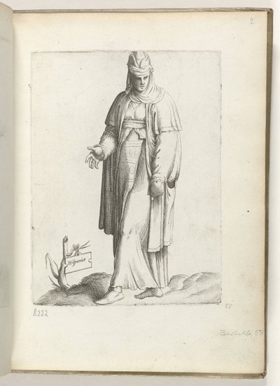 Español (título sobre objeto) Vrouw en Spaanse kleding. California. 1550 La actitud de los comerciantes contemporáneos (título de la serie) de Enea Vico