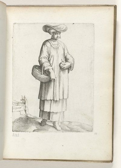 Español (título sobre objeto) Vrouw conoció a mand en Spaanse kleding. California. 1550 La actitud de los comerciantes contemporáneos (título de la serie) de Enea Vico