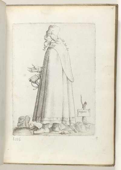 Español (título sobre objeto) Oude man, naar links, en Spaanse kleding. California. 1550 La actitud de los comerciantes contemporáneos (título de la serie) de Enea Vico
