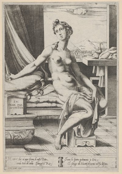 Lucrecia desnuda y sentada frente a una ventana, un puñal en su mano derecha y sosteniendo, ca. 1535-67 de Enea Vico