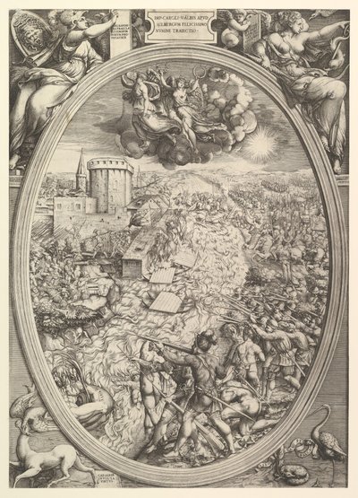 La Batalla de Mühlberg con el ejército de Carlos V cruzando el río Elba de Enea Vico