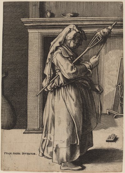 Anciana con una Rueca de Enea Vico after Parmigianino