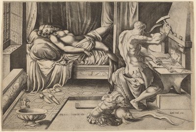 Venus reclinada con Vulcano en su fragua de Enea Vico after Parmigianino