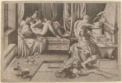 Venus y Marte abrazándose con Vulcano en su fragua de Enea Vico after Parmigianino