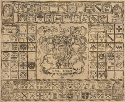 Escudos de armas con retratos en las esquinas de Enrique VII, Enrique VIII, Eduardo VI y María de English 16th Century