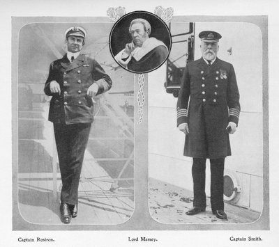 Arthur Henry Rostron, Capitán del RMS Carpathia que rescató a los sobrevivientes del Titanic (izquierda), Lord Mersey que encabezó la Comisión de Investigación del Titanic (centro) y Edward John Smith, Capitán del Titanic (derecha) de English Photographer