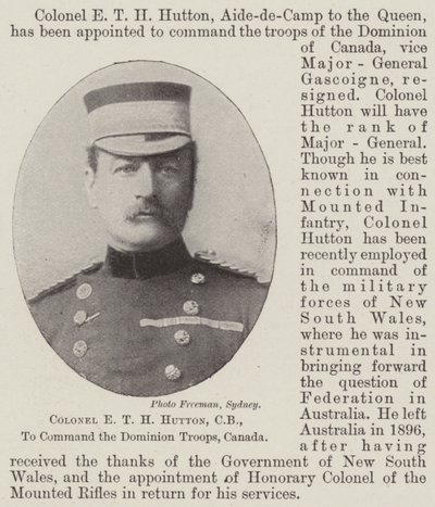 El coronel E T H Hutton, CB, para comandar las tropas del Dominio, Canadá de English Photographer
