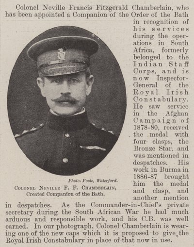 Coronel Neville F F Chamberlain, nombrado Compañero de la Orden del Baño de English Photographer