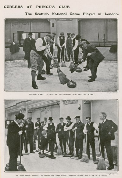 Jugadores de curling en el Princes Club, el juego nacional escocés en Londres de English Photographer