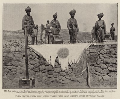 Bandera, reclinatorio; soporte de lámpara; tomado de la mezquita de Saiad Akbar en el valle de Waran de English Photographer