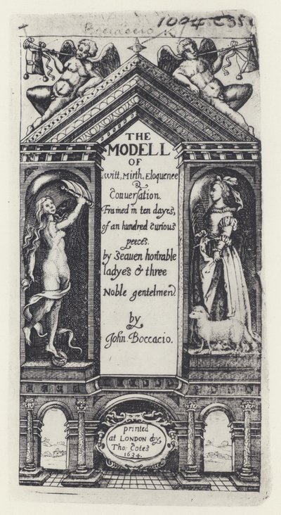 G Boccaccio, El modelo de la inteligencia, Decameron, T Cotes para B Allen y W Hope 1634 de English Photographer